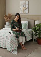 100% Cotton 200 TC Karigari Printed Single Bedsheet with 1 Pillow Cover - Green & Pink - Valatia