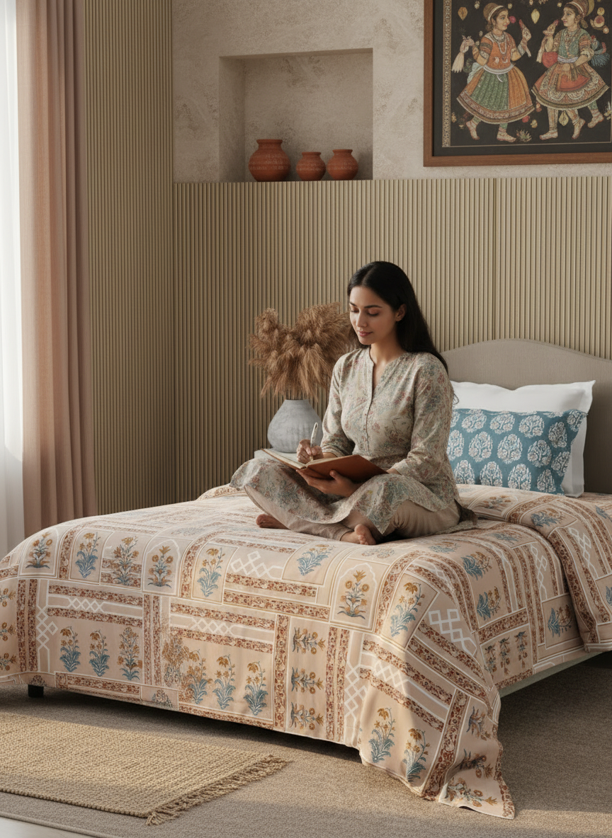 100% Cotton 200 TC Karigari Printed Single Bedsheet with 1 Pillow Cover - Brown & Pink - Valatia