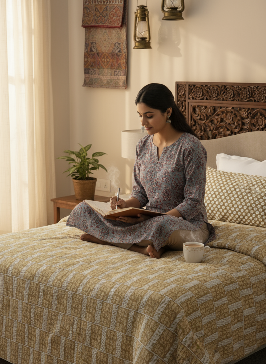 100% Cotton 200 TC Karigari Printed Single Bedsheet with 1 Pillow Cover - Beige - Valatia