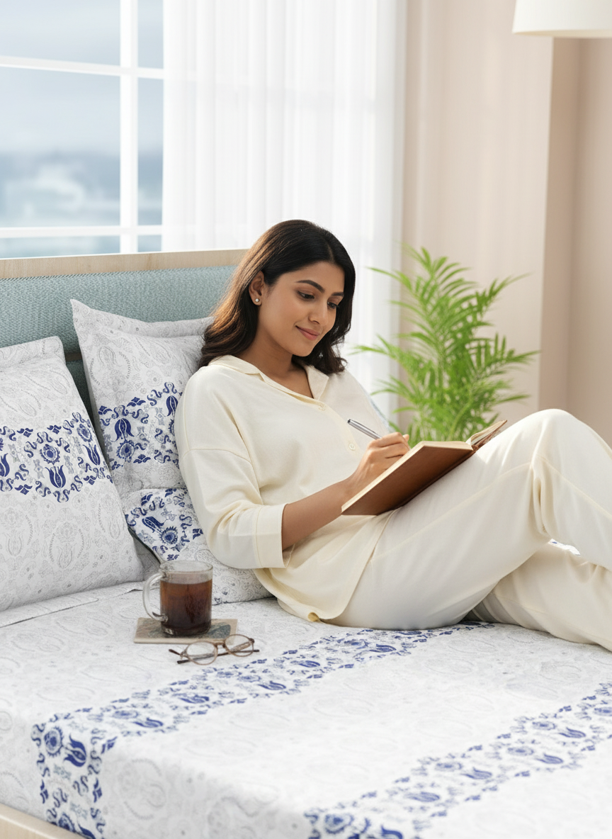 Siesta 100% Cotton 200 TC White & Blue Ethnic Print King Bedsheet with 2 Pillow Covers