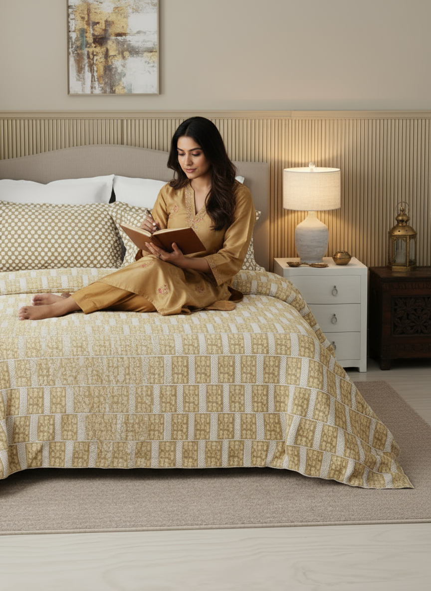 Valatia 100% Cotton 200 TC Karigari Printed Double Bedsheet with 2 Pillow Covers - Beige