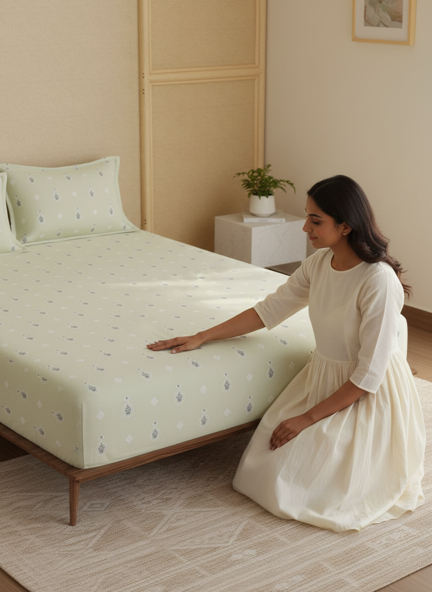 King Fitted Sheet Set, 100% Kasturi Cotton 200 TC, Grey Printed (78 L x 72 W + 13 H inches), Indo Musk