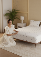 King Fitted Sheet Set, 100% Kasturi Cotton 200 TC, White Printed (78 L x 72 W + 13 H inches), Indo Musk