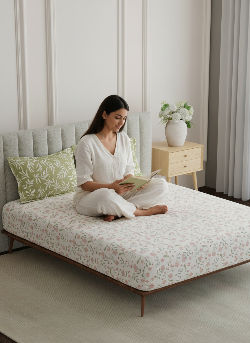 King Fitted Sheet Set, 100% Cotton 152 TC, Green & Pink Floral, Embrace