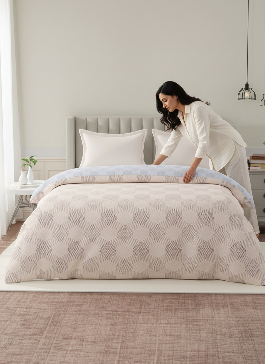 100% Cotton Reversible Double Comforter, 152 TC Cream & Blue Geometrical Print, Embrace Collection