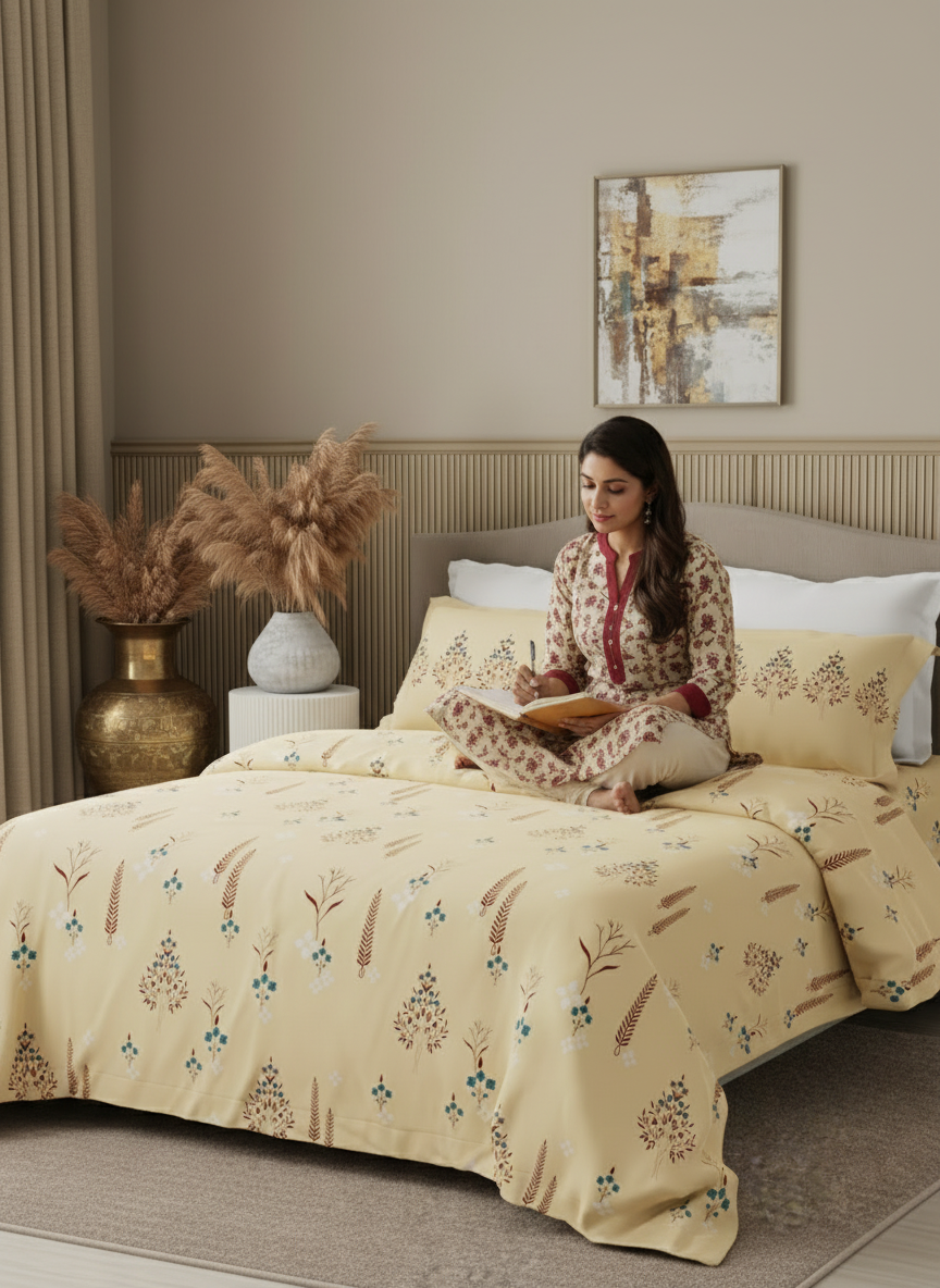 Valatia 100% Cotton 200 TC Karigari Printed Double Bedsheet with 2 Pillow Covers - Yellow
