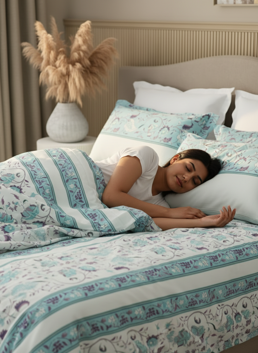 Valatia 100% Cotton 200 TC Karigari Printed Double Bedsheet with 2 Pillow Covers - Blue & White