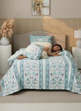 Valatia 100% Cotton 200 TC Karigari Printed Single Bedsheet with 1 Pillow Cover - Blue & White