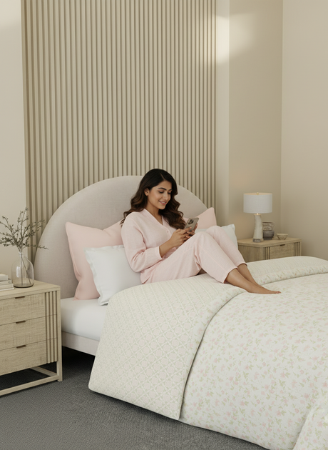 Reversible Double Comforter 100% Cotton 300 TC — Pink Floral Design | For Mild Winter, All Season Cottage Garden Collection, Cozy Winter Bedding