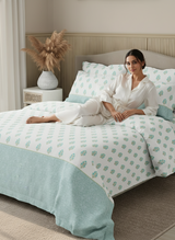 Royal Essence 100% Cotton 400 TC Blue & White Ethnic Print King Bedsheet with 4 Pillow Covers & 2 Cushion Covers