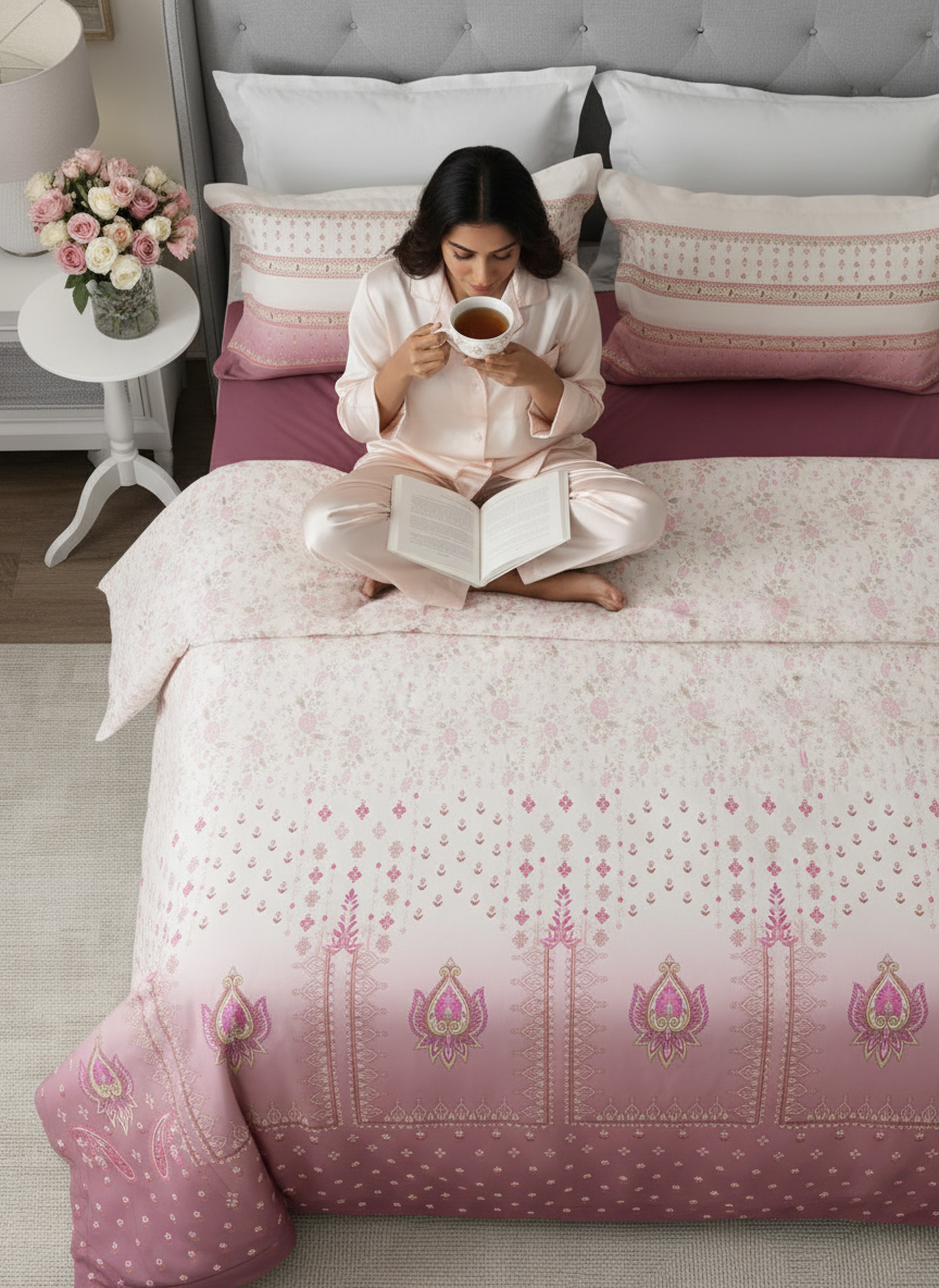 100% Cotton 300 TC Pink & White Digital Ethnic Print King Bedsheet with 2 Pillow Covers - Gardenia Augusta