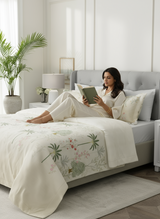 Gardenia Augusta 100% Cotton 300 TC Cream & Green Digital Floral Print King Bedsheet with 2 Pillow Covers