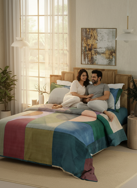 Boutique Living bedding category featuring a premium multicolour geometric bedsheet styled in a modern bedroom with a couple relaxing on the bed, showcasing comfort and luxury for everyday living.