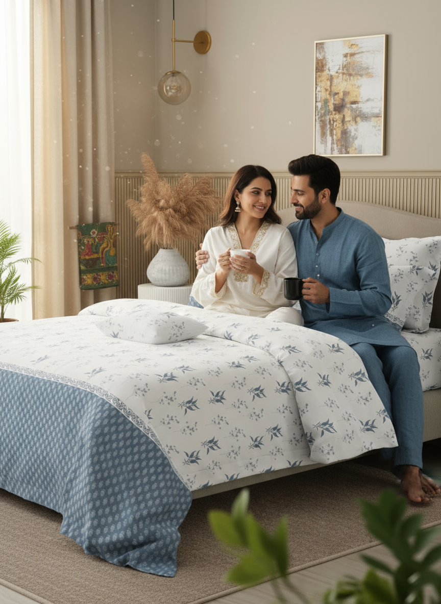 Royal Essence 100% Cotton 400 TC Blue & White Floral King Bedsheet with 4 Pillow Covers & 2 Cushion Covers