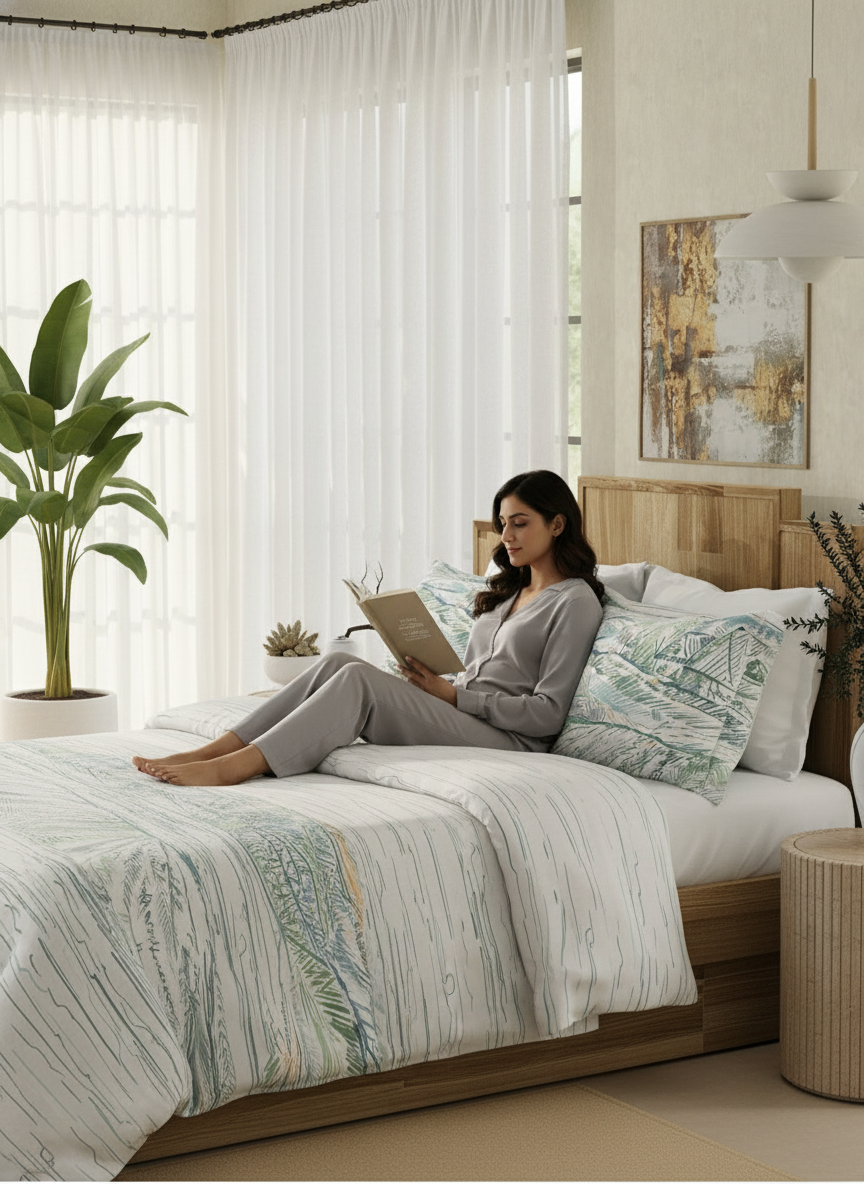 100% Cotton 300 TC White & Blue Digitally Printed King Bedsheet with 2 Pillow Covers - Gardenia Augusta