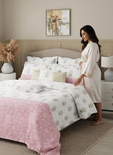 Royal Essence 100% Cotton 400 TC Pink & White Floral King Bedsheet with 4 Pillow Covers & 2 Cushion Covers