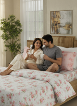 100% Cotton 300 TC White & Pink Digital Floral Print King Bedsheet with 2 Pillow Covers - Gardenia Augusta