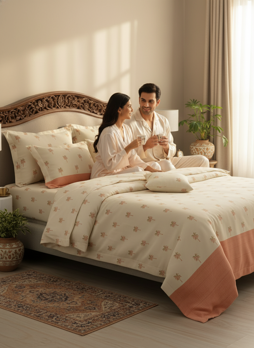 Royal Essence 100% Cotton 400 TC Peach Floral King Bedsheet with 4 Pillow Covers & 2 Cushion Covers