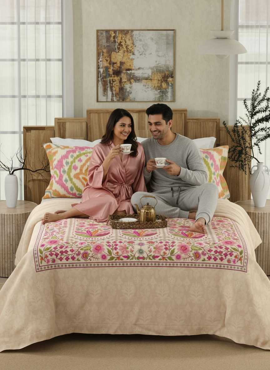 Gardenia Augusta 100% Cotton 300 TC Pink Digitally Printed King Bedsheet with 2 Pillow Covers