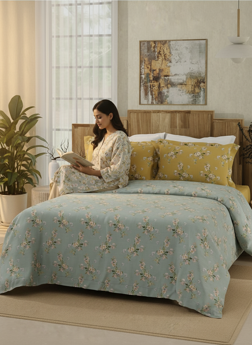 100% Cotton 300 TC Yellow & Grey Digital Floral Print King Bedsheet with 2 Pillow Covers- Gardenia Augusta