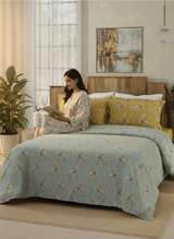 100% Cotton 300 TC Yellow & Grey Digital Floral Print King Bedsheet with 2 Pillow Covers- Gardenia Augusta