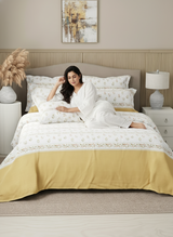 Royal Essence 100% Cotton 400 TC Dark Yellow & White Floral King Bedsheet with 4 Pillow Covers & 2 Cushion Covers