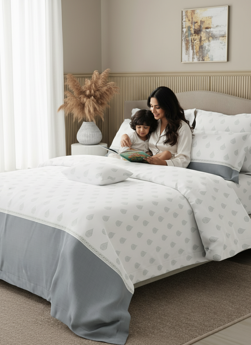 Royal Essence 100% Cotton 400 TC Grey & White Ethnic Print King Bedsheet with 4 Pillow Covers & 2 Cushion Covers