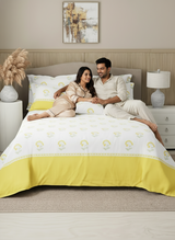 Royal Essence 100% Cotton 400 TC Yellow & White Floral King Bedsheet with 4 Pillow Covers & 2 Cushion Covers