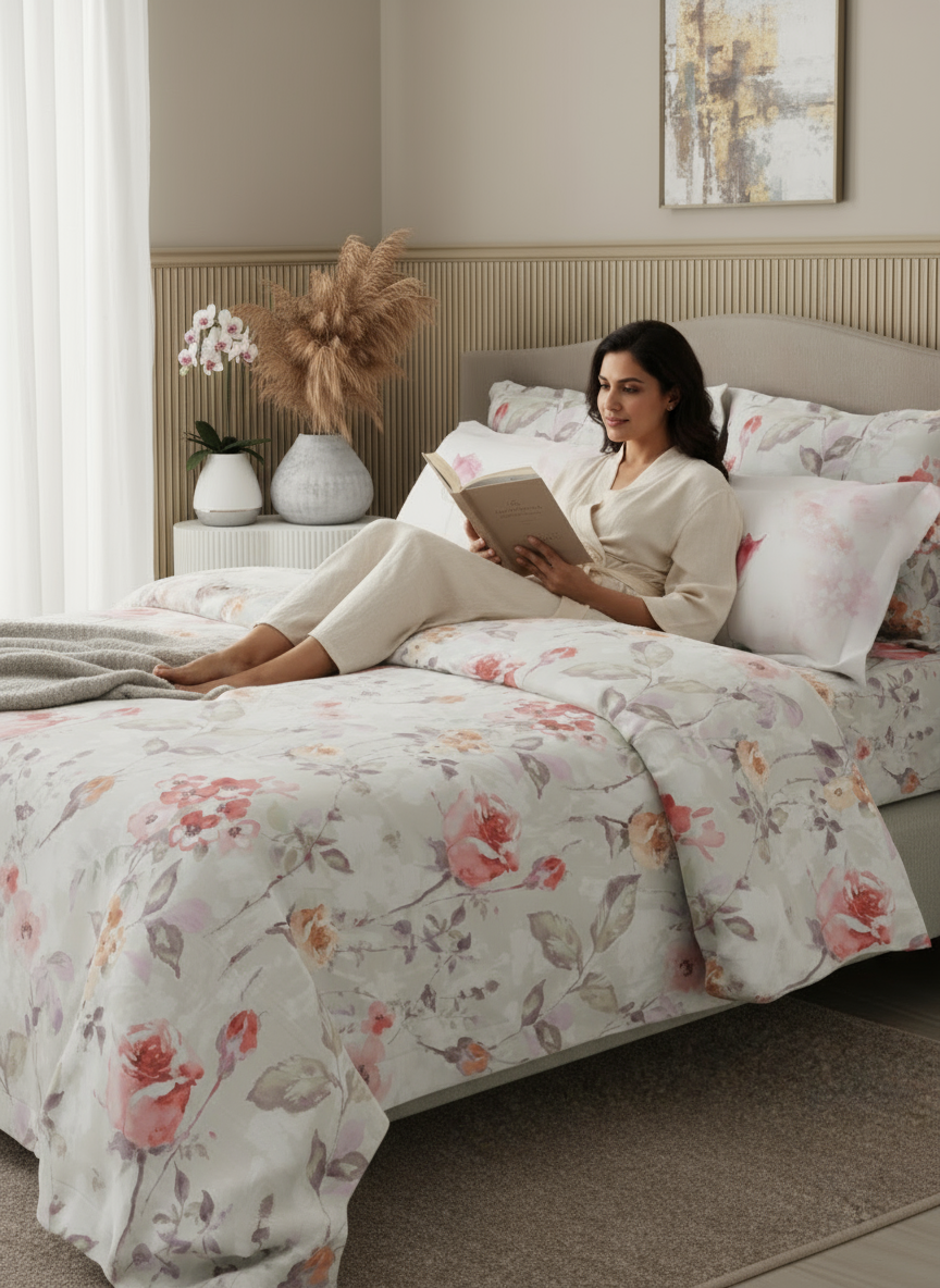 Royal Essence 100% Cotton 400 TC Grey Digital Floral Print King Bedsheet with 4 Pillow Covers