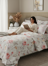 Royal Essence 100% Cotton 400 TC Grey Digital Floral Print King Bedsheet with 4 Pillow Covers