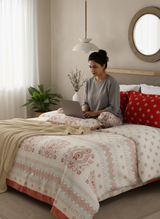 Valatia Gypsy 100% Cotton 200 TC Ethnic Printed King Bedsheet with 2 Pillow Covers - Red & White