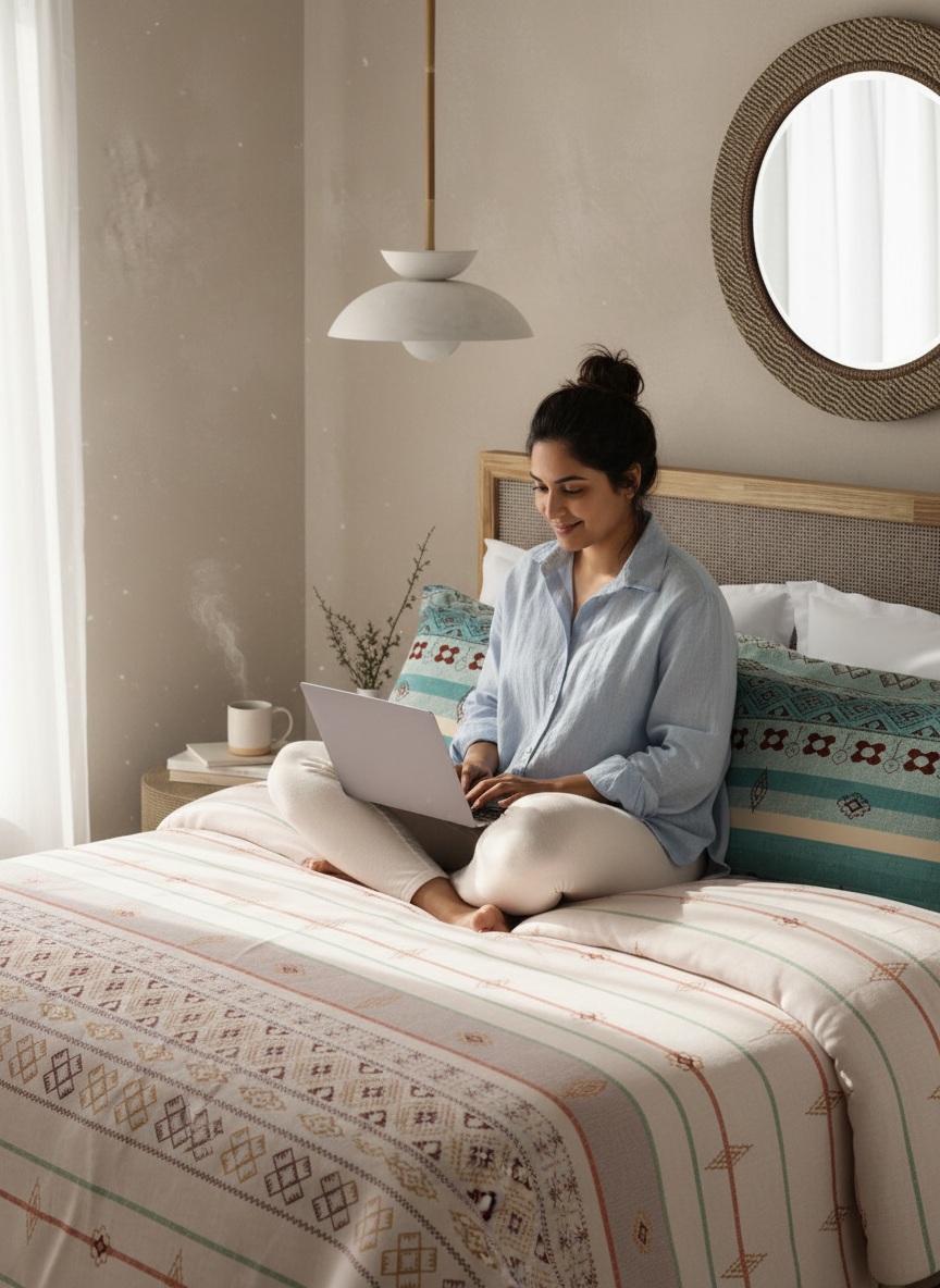 Valatia Gypsy 100% Cotton 200 TC Ethnic Printed King Bedsheet with 2 Pillow Covers - White