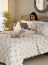 Indo Musk 100% Kasturi Cotton 200 TC White, Yellow & Pink Floral King Bedsheet with 2 Pillow Covers